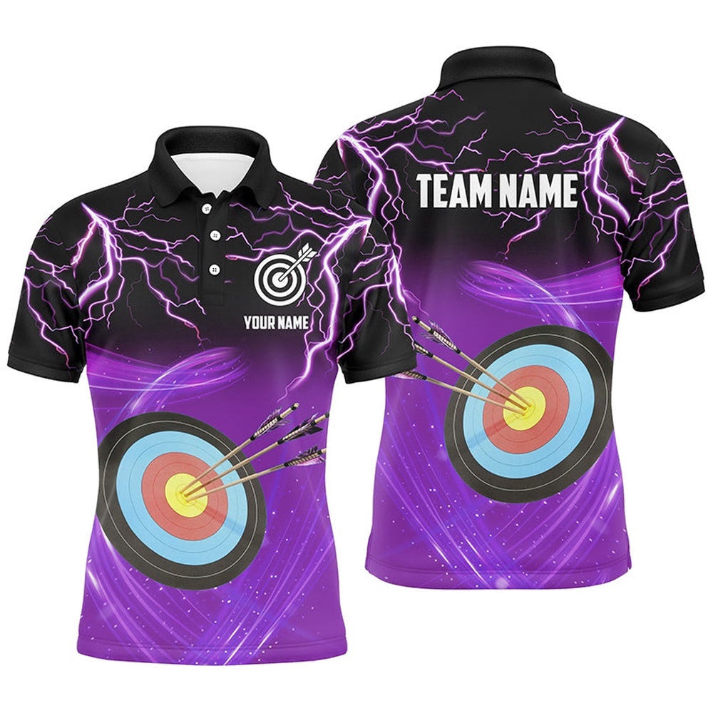 Custom Archery Target Thunder Lightning Polo Shirts For Men, Best Archery Team Shirts Purple, Custom Archery Team Polo Shirt