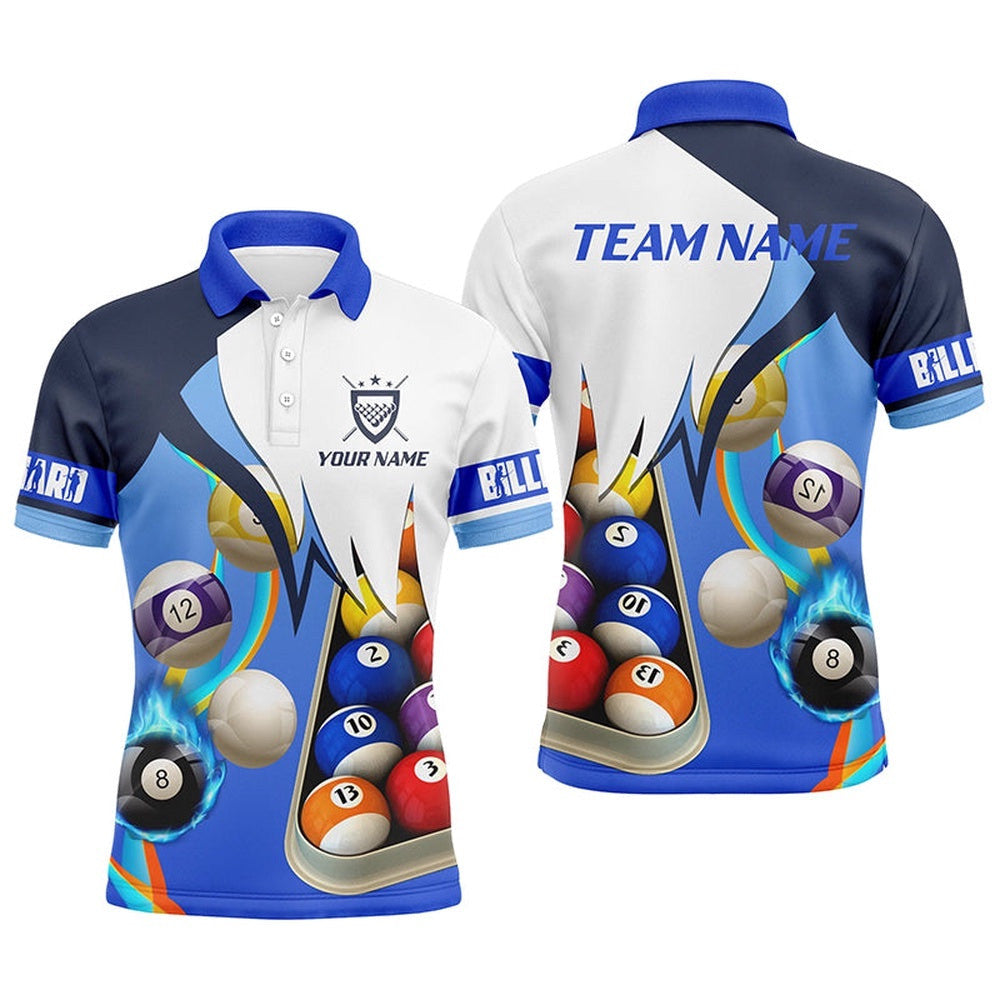 Billiard Blue Name 3D Polo Shirts, Custom Player Billiards Polo, Personalized Billiard Polo Shirt