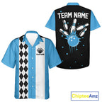 Blue retro bowling Hawaiian shirt with argyle stripe, custom name and team name