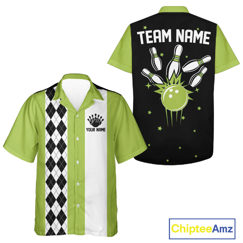 Green retro bowling Hawaiian shirt with argyle stripe, custom name and team name