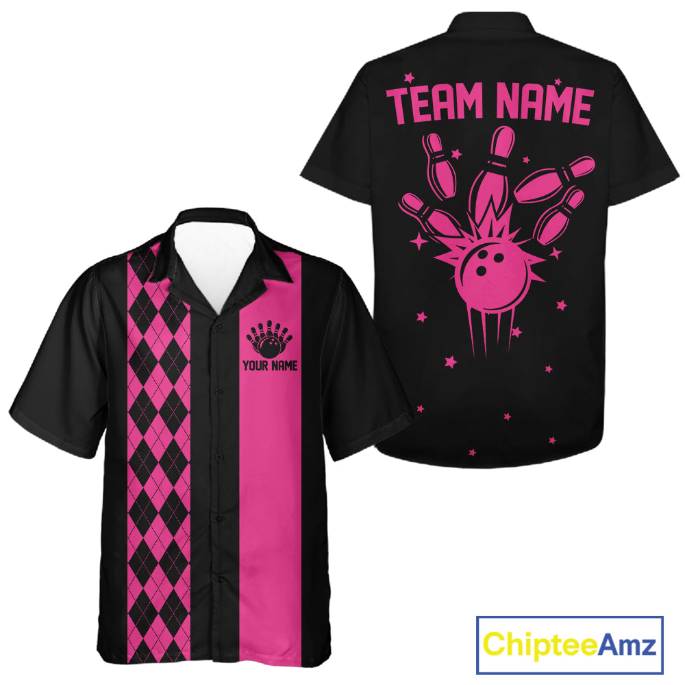 Hot Pink retro bowling Hawaiian shirt with argyle stripe, custom name and team name