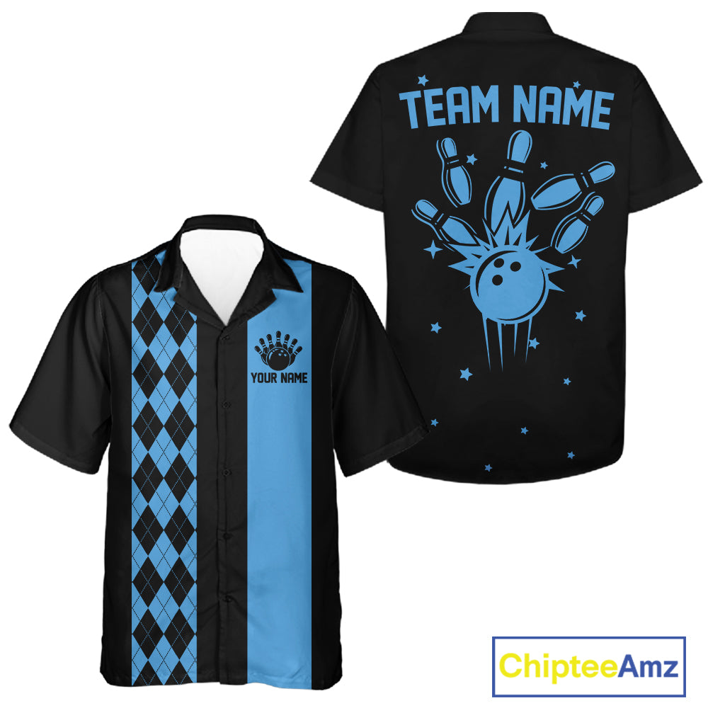 Lake Blue retro bowling Hawaiian shirt with argyle stripe, custom name and team name