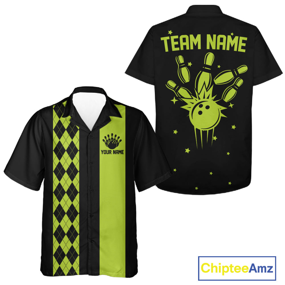 Lime Green retro bowling Hawaiian shirt with argyle stripe, custom name and team name