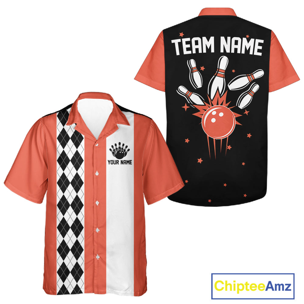 Orange retro bowling Hawaiian shirt with argyle stripe, custom name and team name