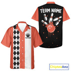 Orange retro bowling Hawaiian shirt with argyle stripe, custom name and team name