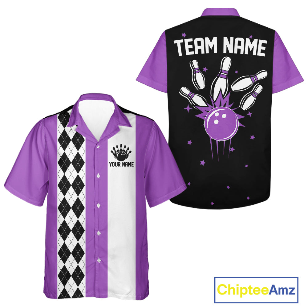 Purple retro bowling Hawaiian shirt with argyle stripe, custom name and team name