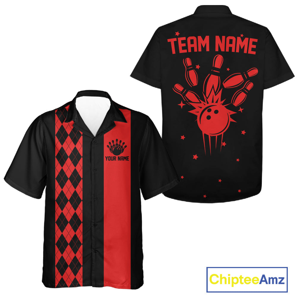 Red And Black retro bowling Hawaiian shirt with argyle stripe, custom name and team name