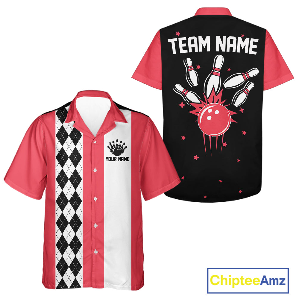 Red retro bowling Hawaiian shirt with argyle stripe, custom name and team name