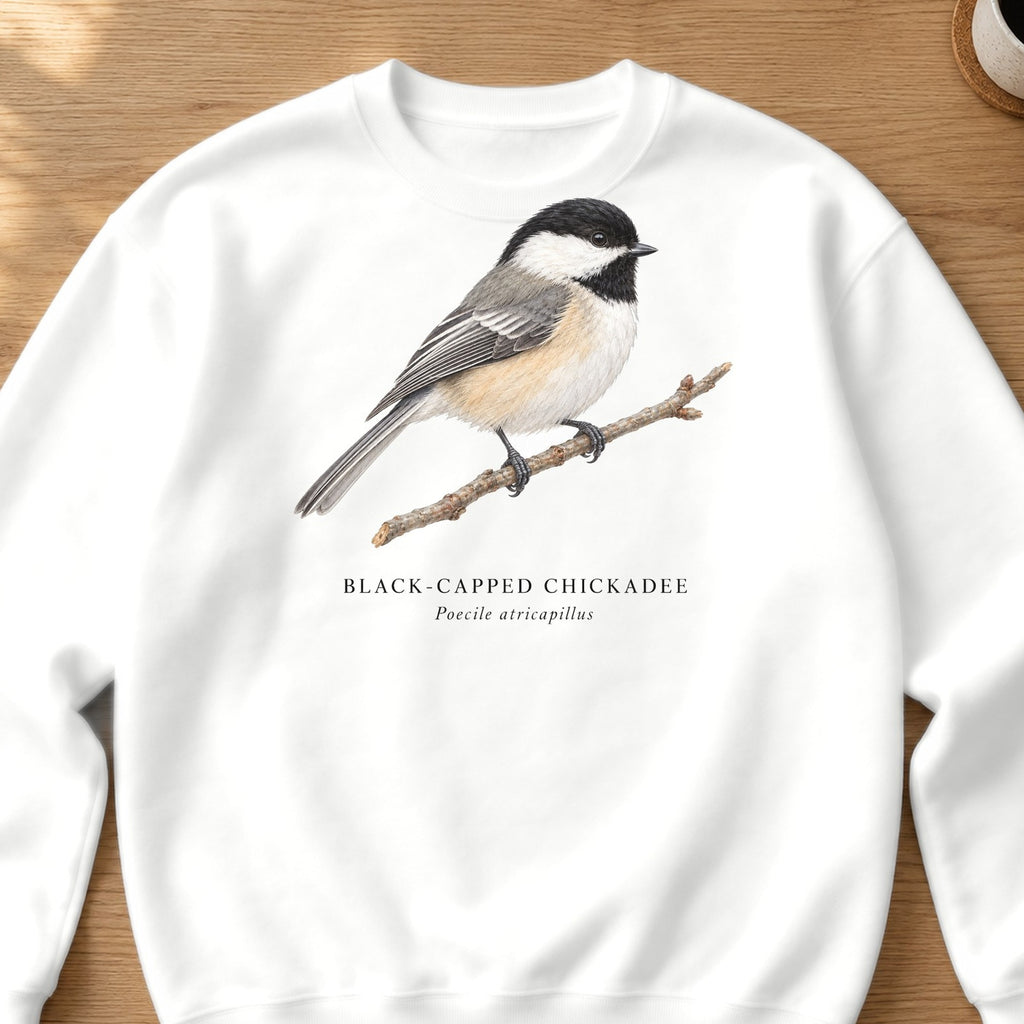 Black-capped Chickadee Field Guide Crewneck Sweatshirt – White