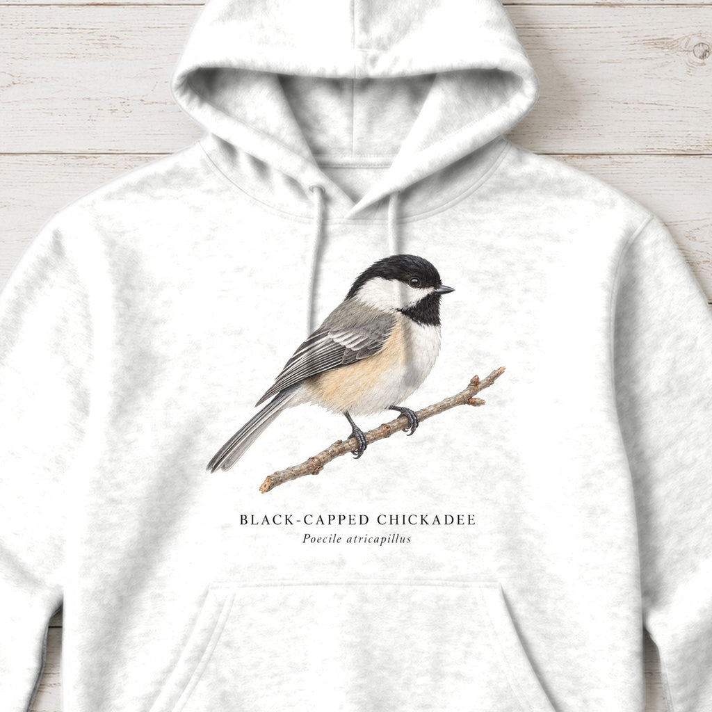 Black-capped Chickadee Field Guide Hoodie – White