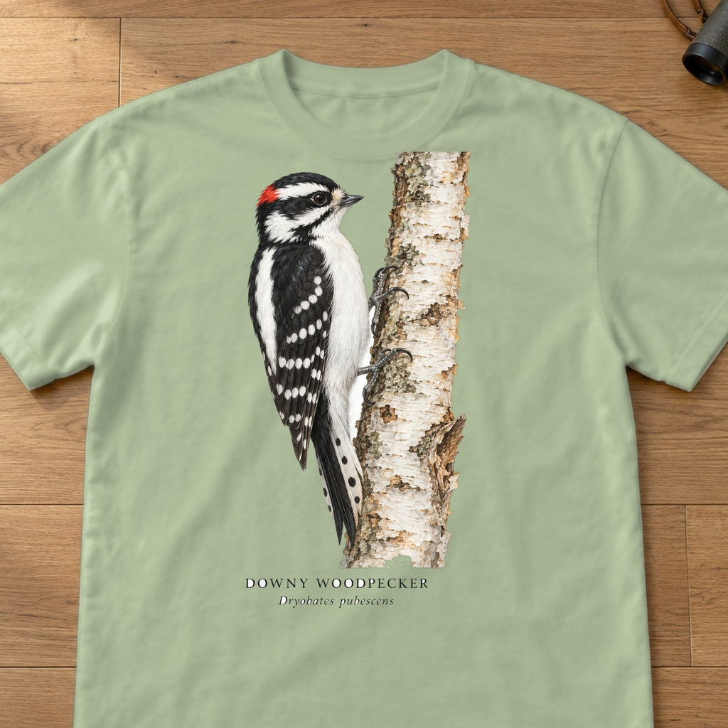 Downy Woodpecker Field Guide Comfort Colors T-Shirt – Light Green