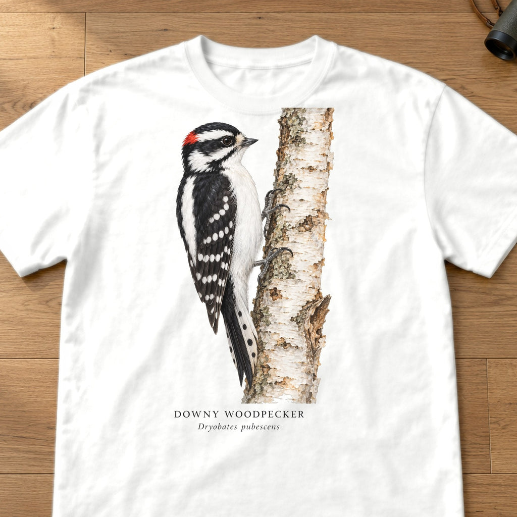 Downy Woodpecker Field Guide Comfort Colors T-Shirt – White