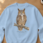 Great Horned Owl Field Guide Crewneck Sweatshirt – Light Blue