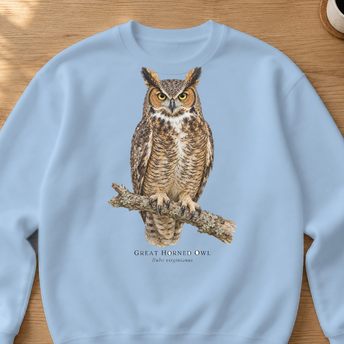 Great Horned Owl Field Guide Crewneck Sweatshirt – Light Blue