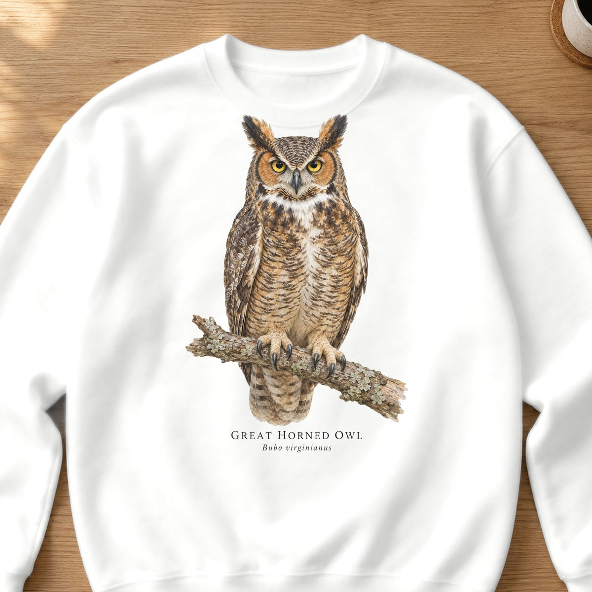Great Horned Owl Field Guide Crewneck Sweatshirt – White
