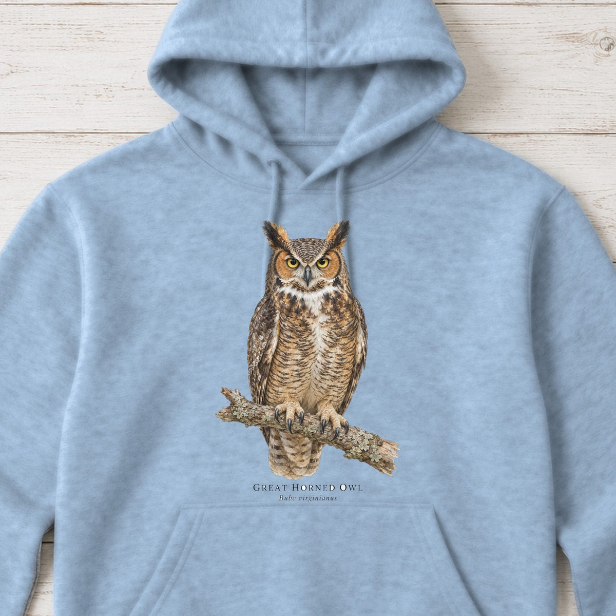Great Horned Owl Field Guide Hoodie – Light Blue