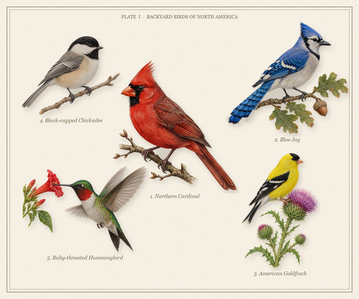 Field-guide plate of five backyard birds: Northern Cardinal, Blue Jay, American Goldfinch, Black-capped Chickadee and Ruby-throated Hummingbird