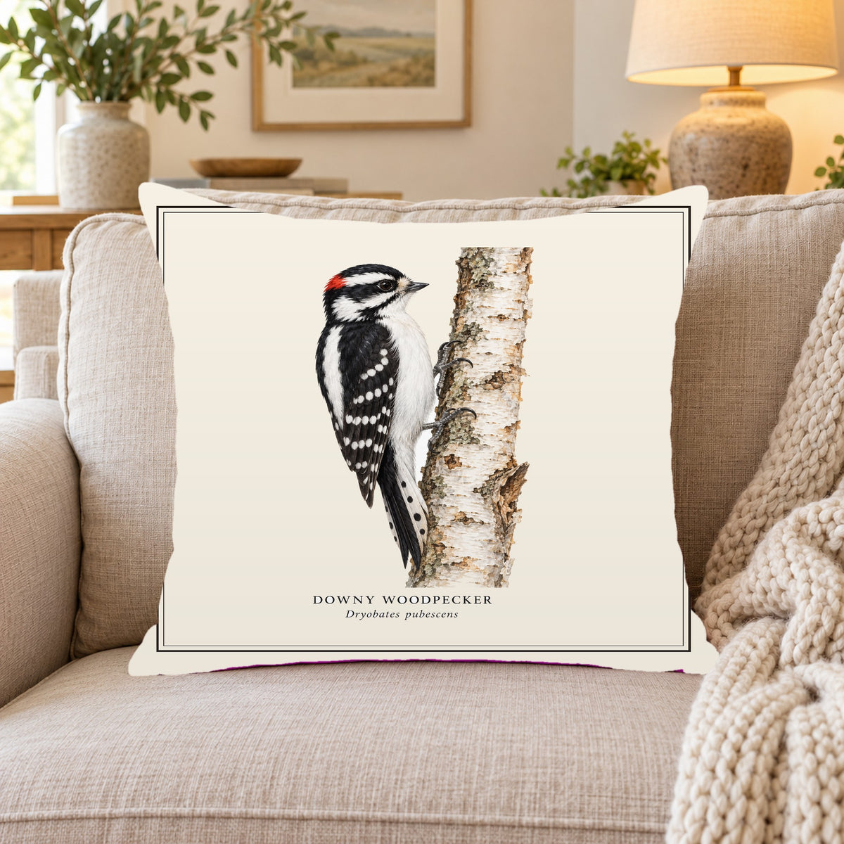 Downy Woodpecker Field Guide Throw Pillow Cover