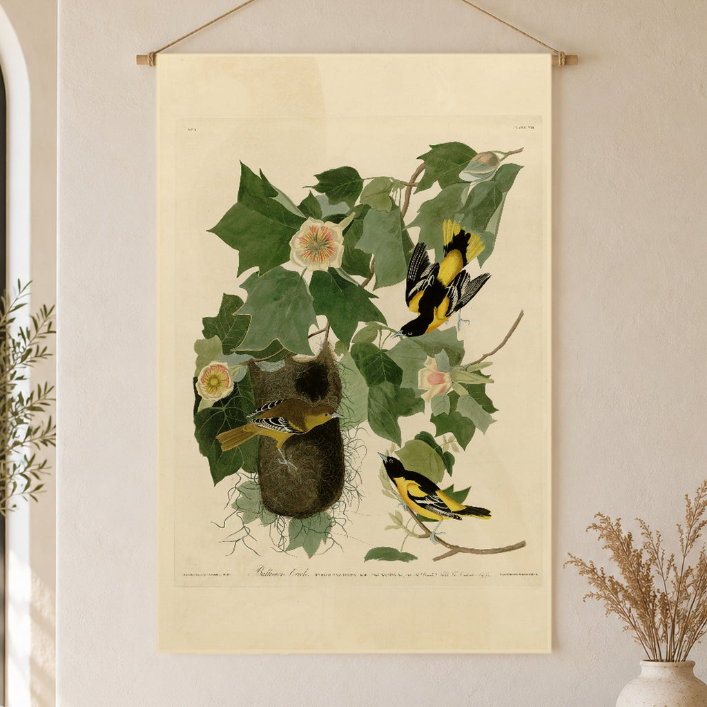 Baltimore Oriole vintage field plate linen wall tapestry