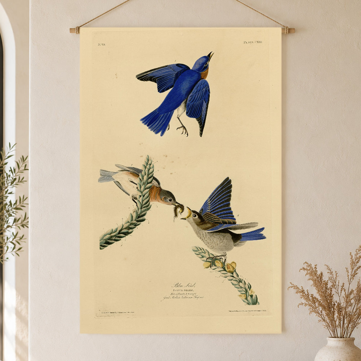 Eastern Bluebird vintage field plate linen wall tapestry