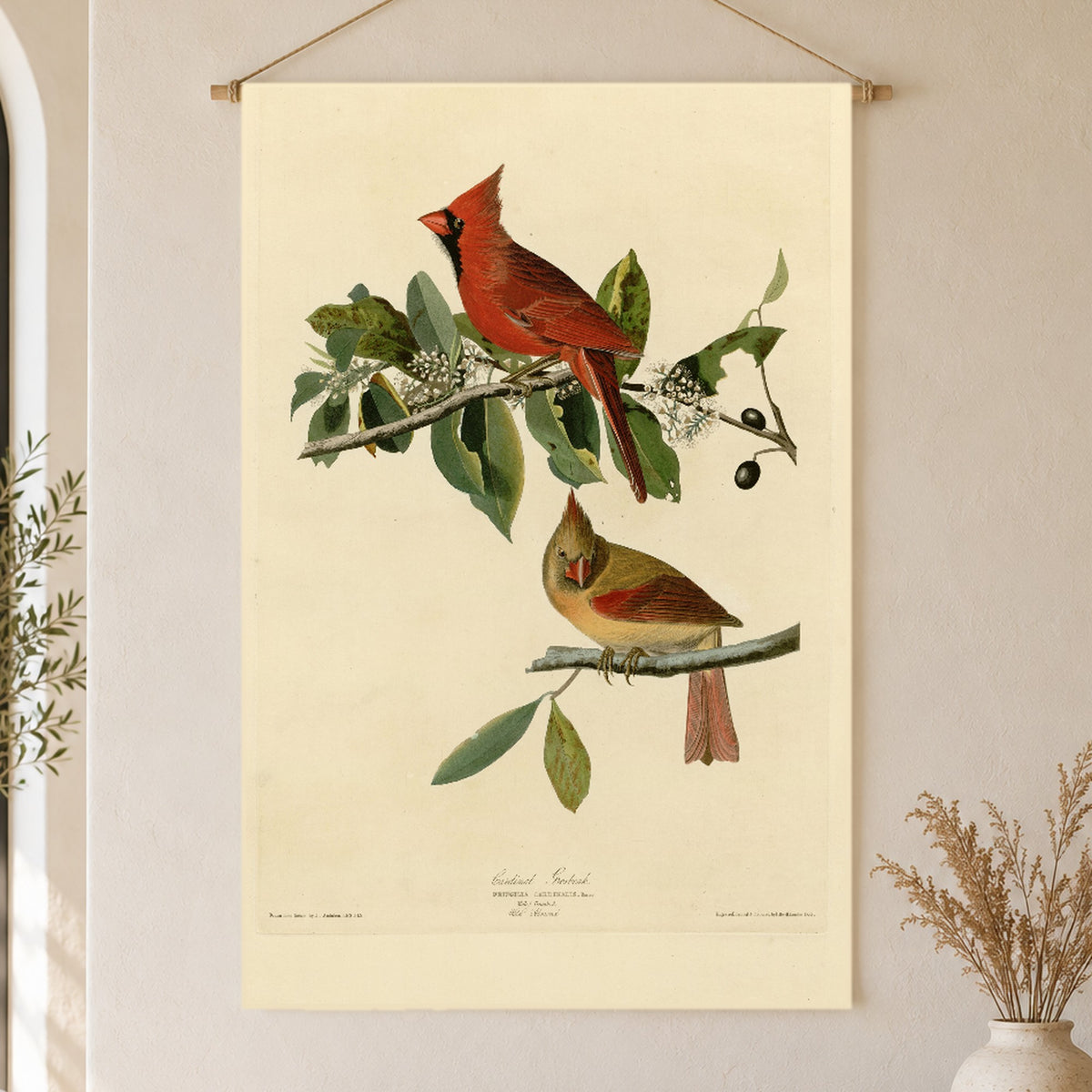 Northern Cardinal vintage field plate linen wall tapestry