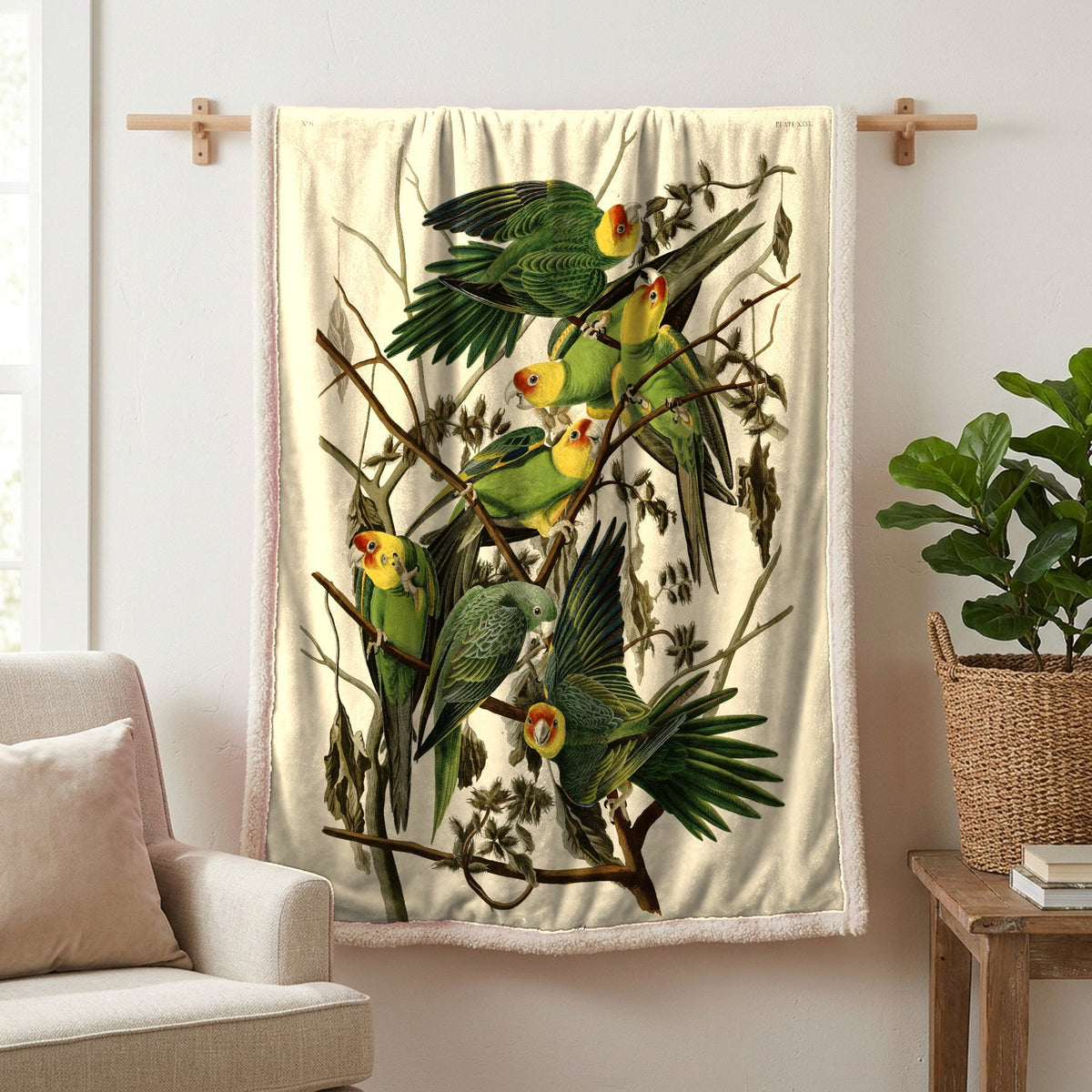 Carolina Parakeet vintage field plate sherpa blanket