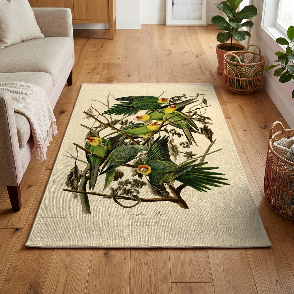 Carolina Parakeet vintage field plate area rug