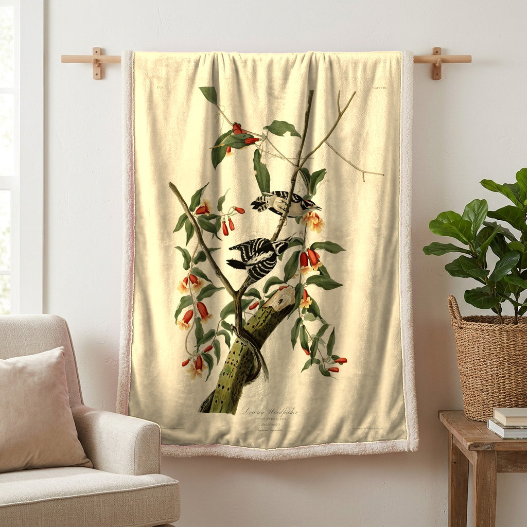 Downy Woodpecker vintage field plate sherpa blanket