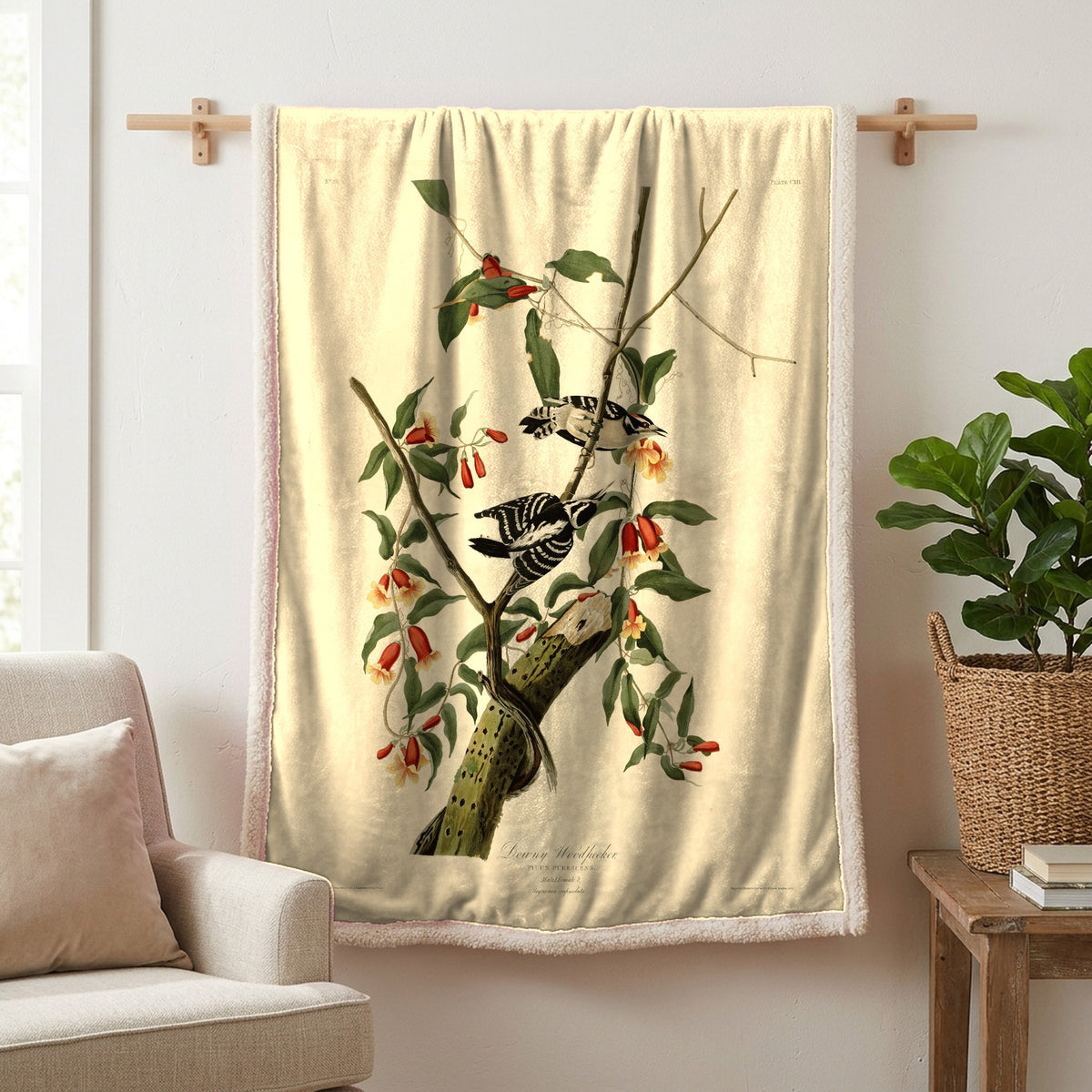 Downy Woodpecker vintage field plate sherpa blanket