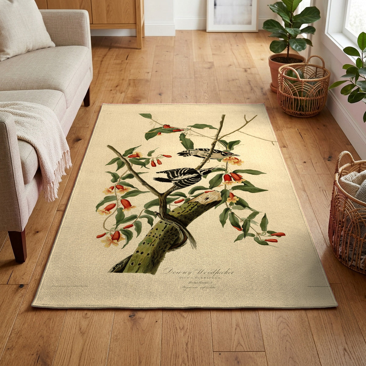 Downy Woodpecker vintage field plate area rug