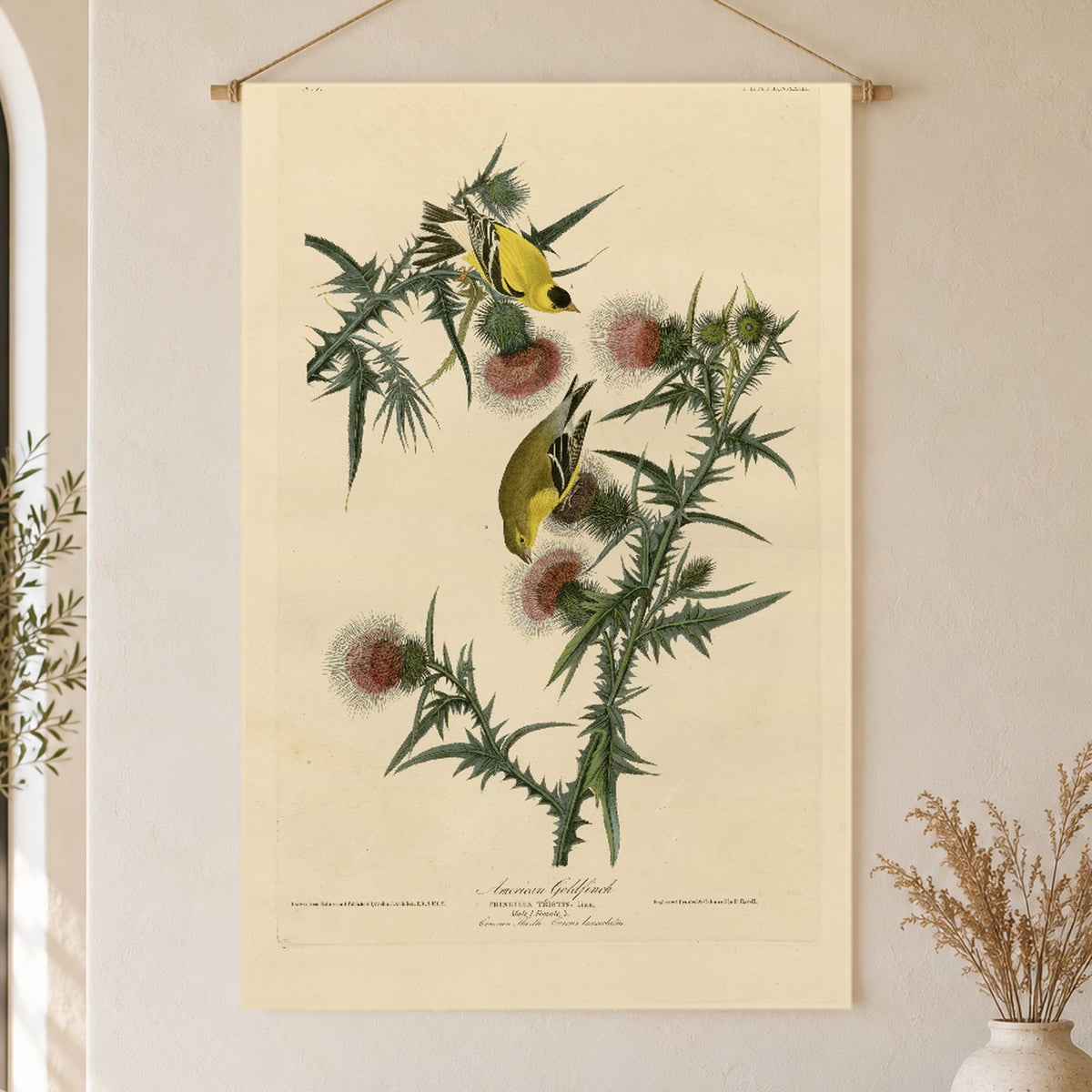 American Goldfinch vintage field plate linen wall tapestry