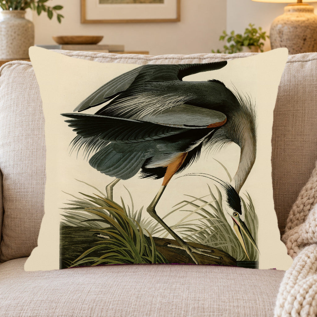 Great Blue Heron vintage field plate throw pillow cover