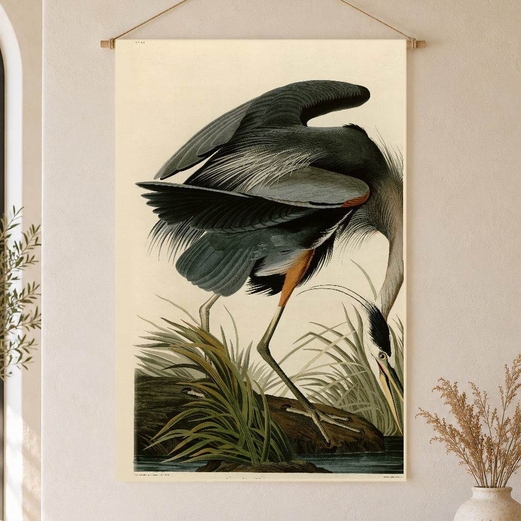 Great Blue Heron vintage field plate linen wall tapestry