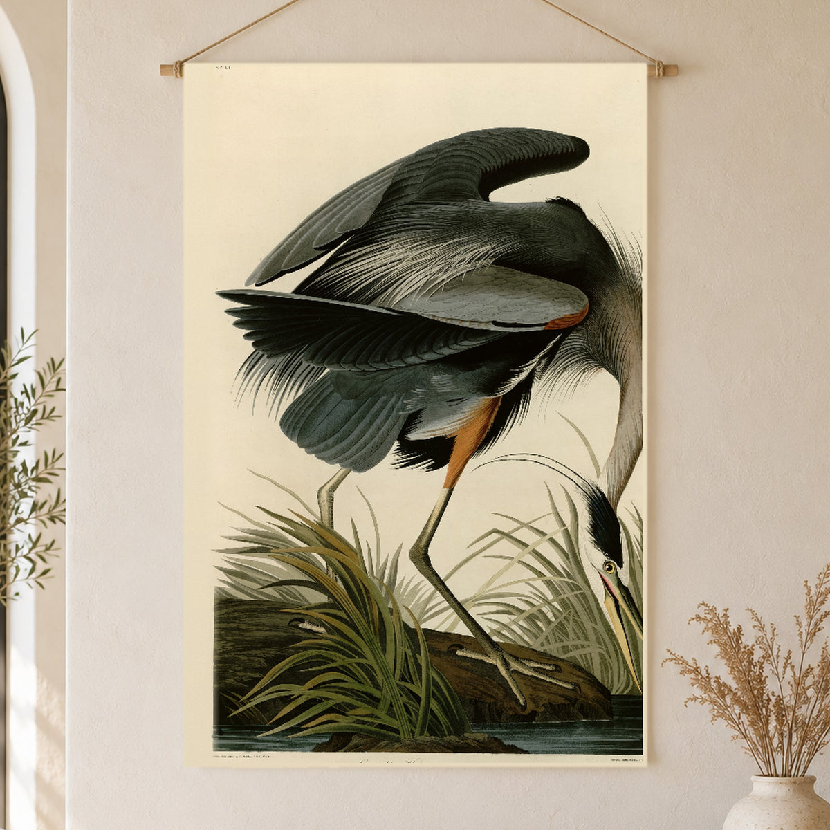 Great Blue Heron vintage field plate linen wall tapestry