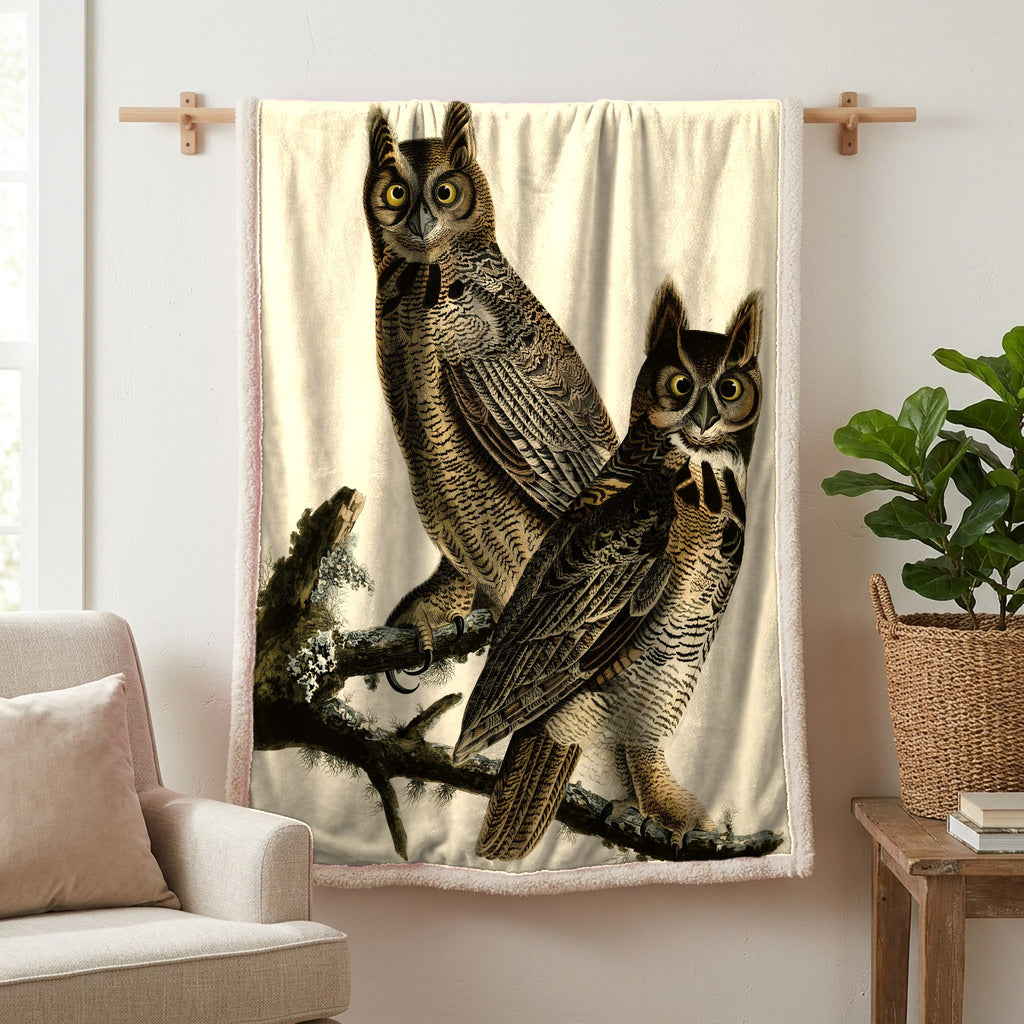 Great Horned Owl vintage field plate sherpa blanket