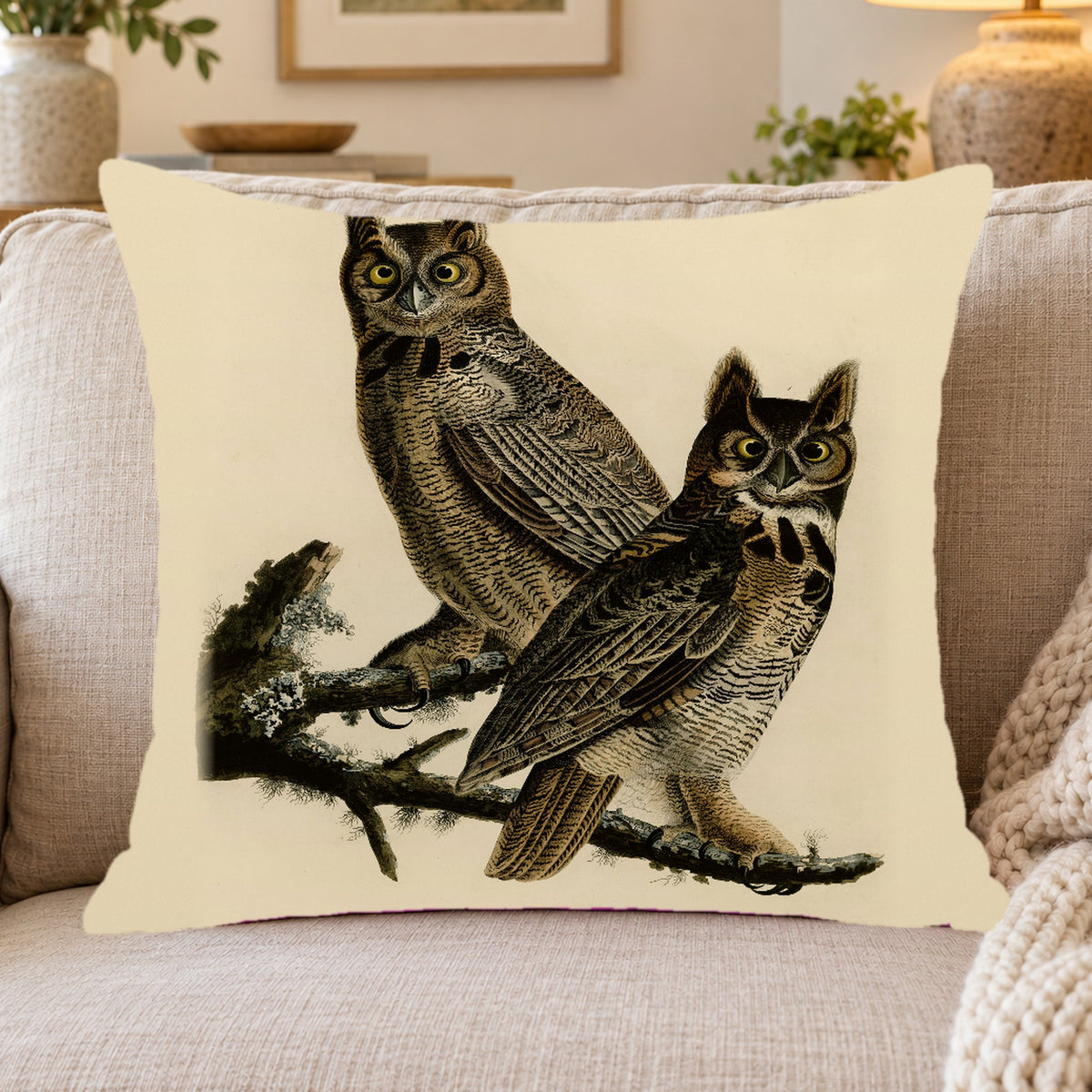 Great Horned Owl vintage field plate throw pillow cover