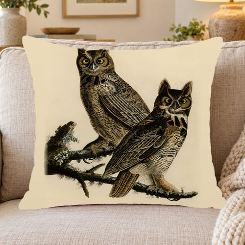 Great Horned Owl Vintage Field Plate Throw Pillow Cover
