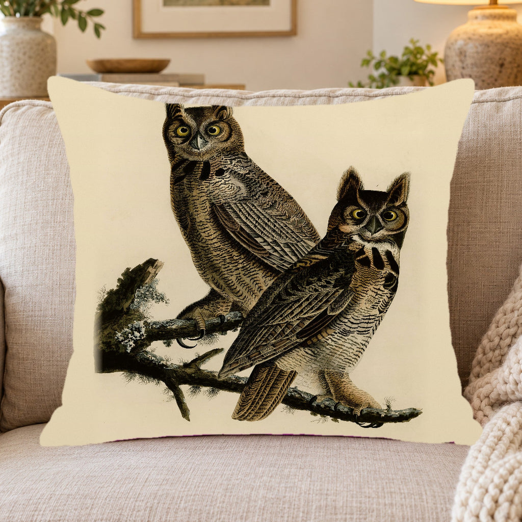 Great Horned Owl vintage field plate throw pillow cover