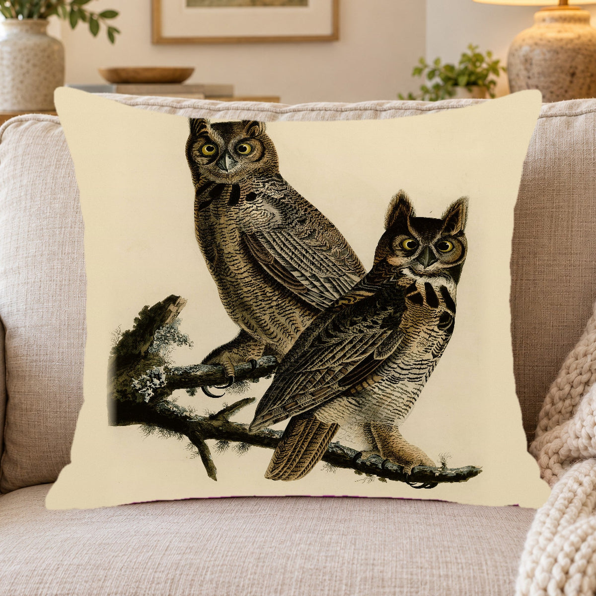 Great Horned Owl vintage field plate throw pillow cover