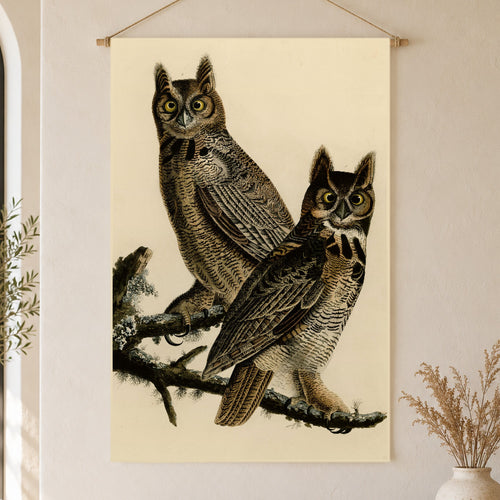 Great Horned Owl Vintage Field Plate Linen Wall Tapestry