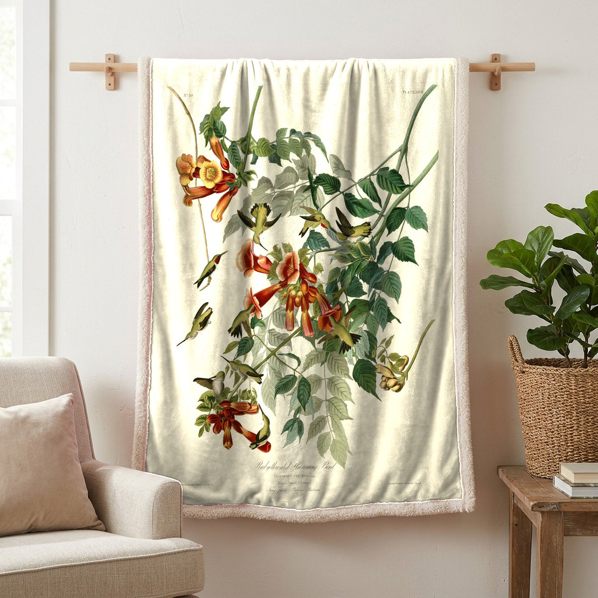 Ruby-throated Hummingbird vintage field plate sherpa blanket