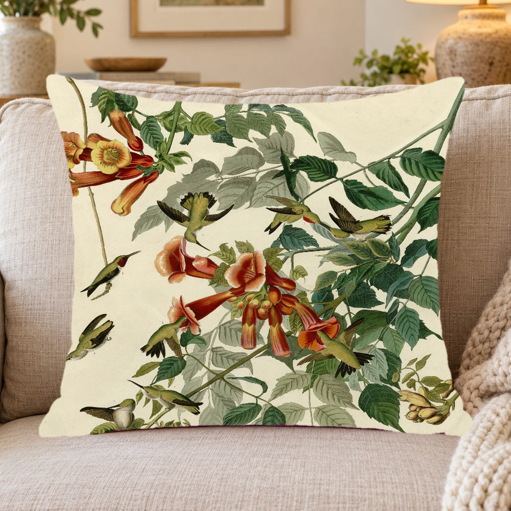 Ruby-throated Hummingbird vintage field plate throw pillow cover