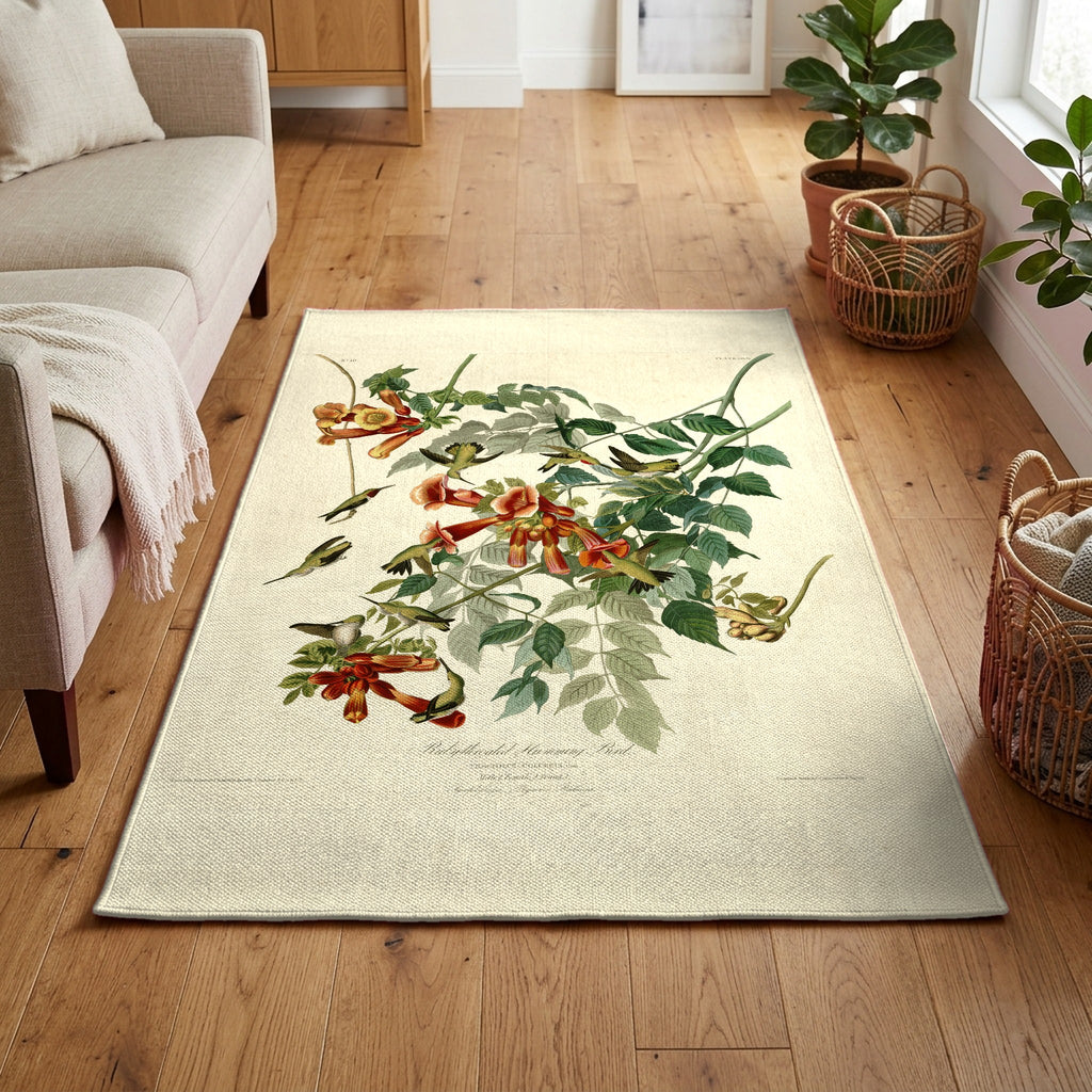 Ruby-throated Hummingbird vintage field plate area rug