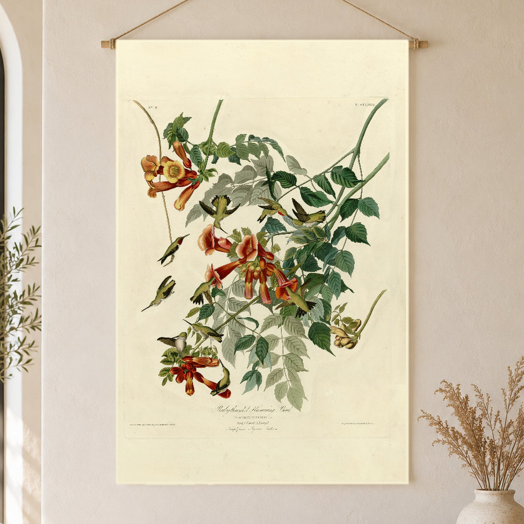 Ruby-throated Hummingbird vintage field plate linen wall tapestry