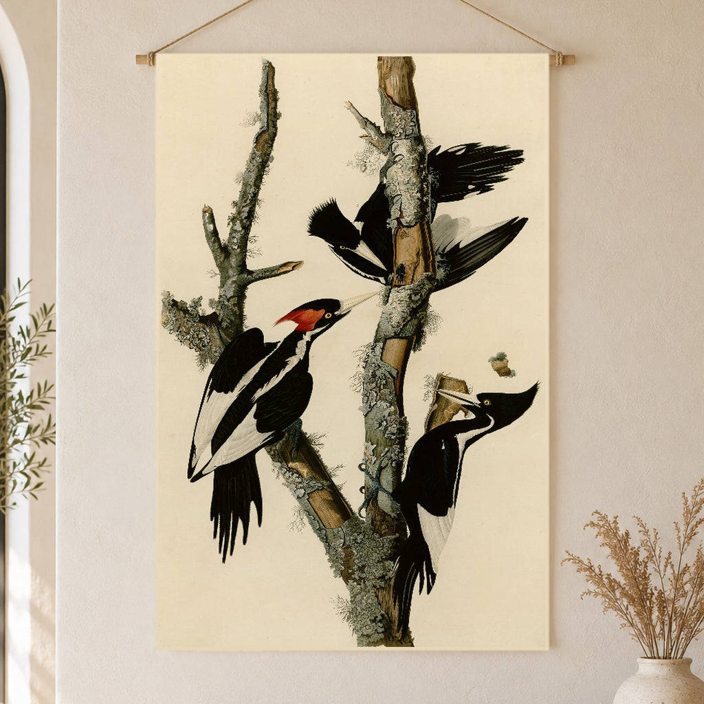 Ivory-billed Woodpecker vintage field plate linen wall tapestry