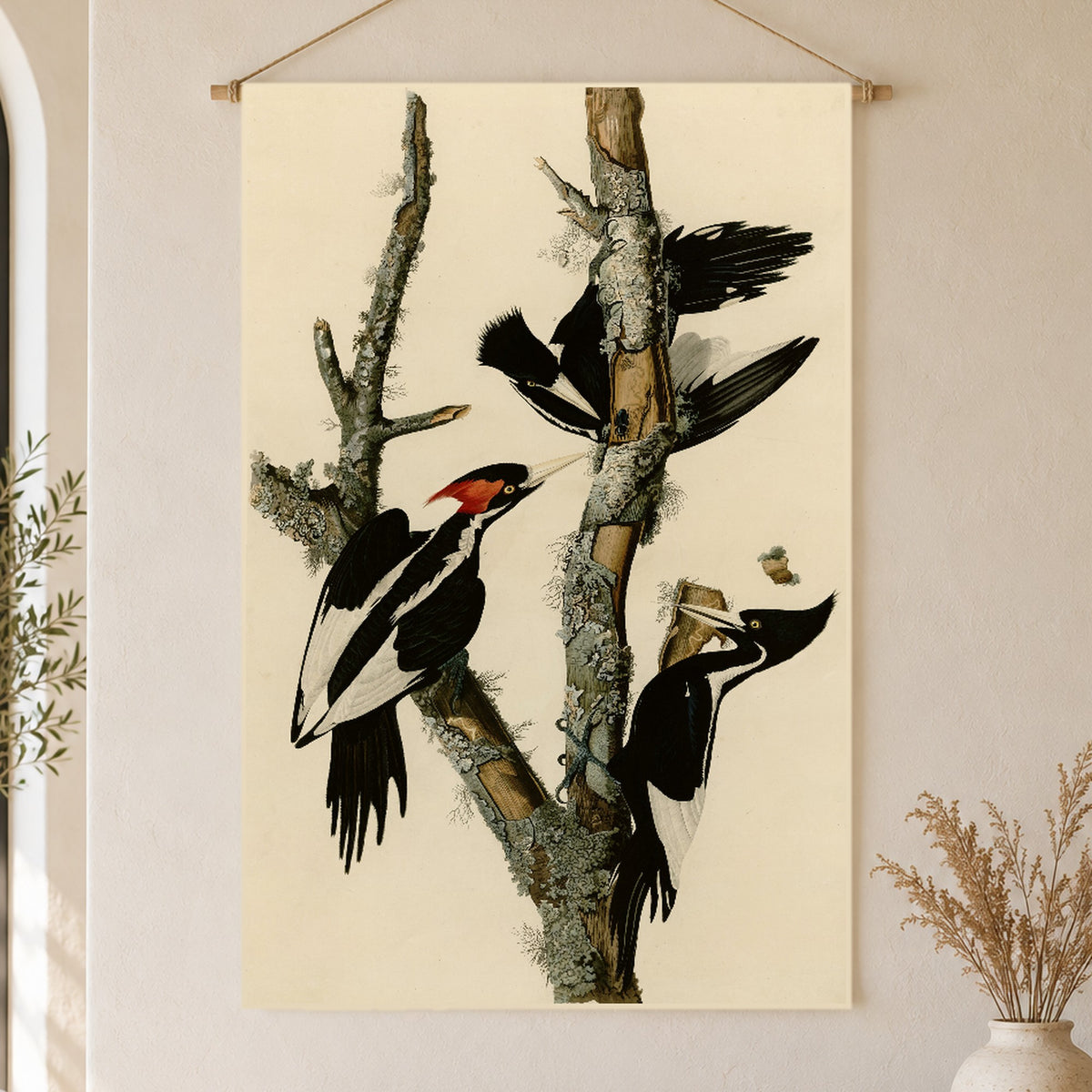 Ivory-billed Woodpecker vintage field plate linen wall tapestry