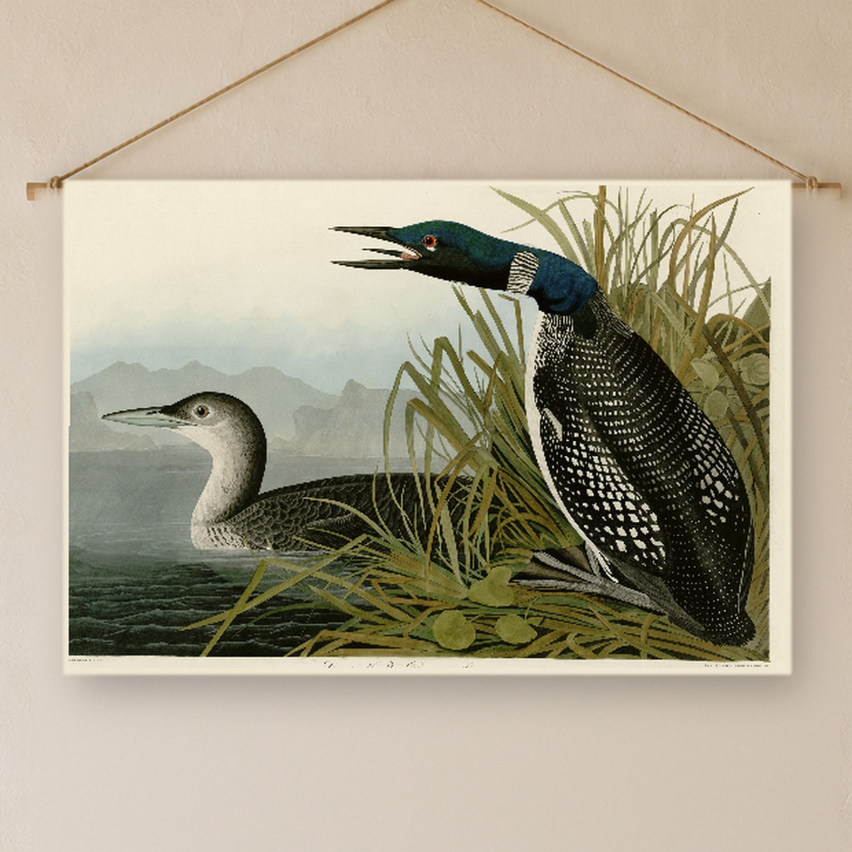 Common Loon vintage field plate linen wall tapestry