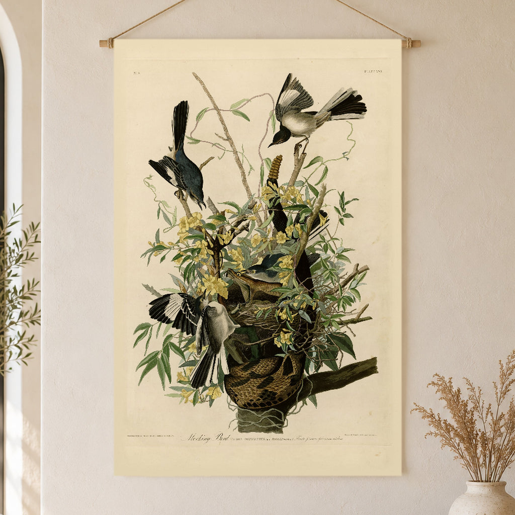 Northern Mockingbird vintage field plate linen wall tapestry