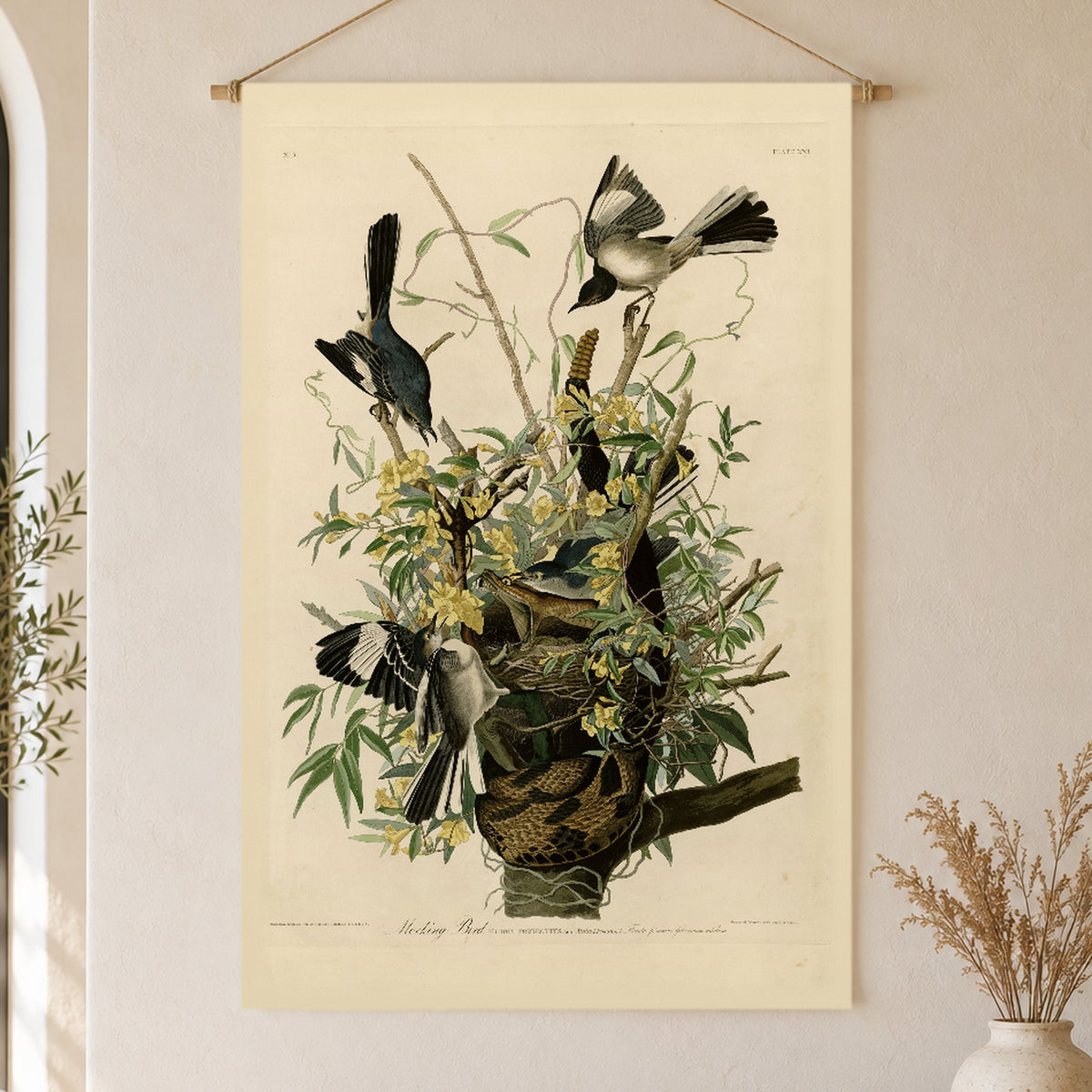 Northern Mockingbird vintage field plate linen wall tapestry