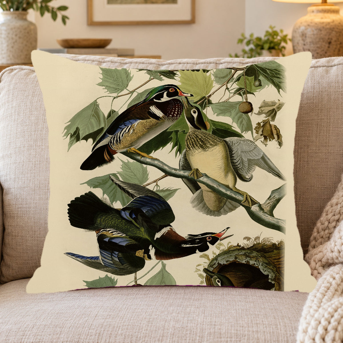 Wood Duck vintage field plate throw pillow cover